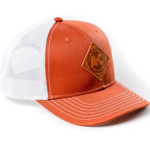 Vintage Allis Chalmers Logo Hat, Leather Emblem, Burnt Orange with Mesh Back