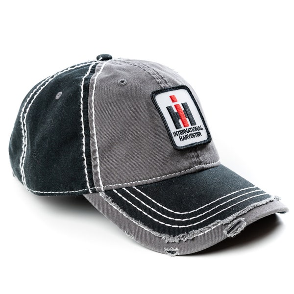 International Harvester IH Tractor Logo Hat, Gray and Black Distressed
