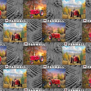 Puede incluir: Patrón repetitivo con tractores McCormick Farmall rojos sobre un fondo de campos y paisajes. El diseño incorpora el logotipo de Farmall y varias escenas rurales, incluyendo campos, árboles y puestas de sol.