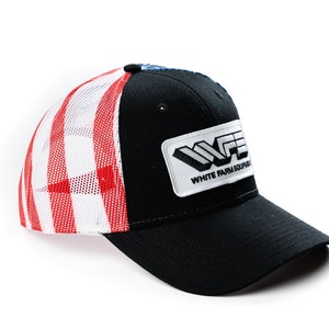 White Farm Equipment Hat, Flag Mesh Back