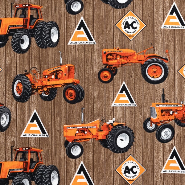 Allis-Chalmers Tractor Fabric, Tractor and Logo Toss on Brown Barnwood Background, Sold by the Yard