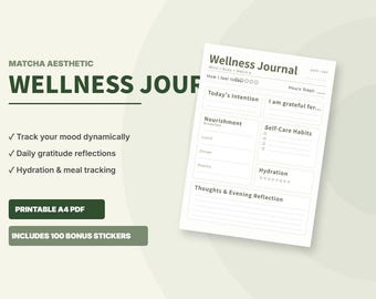 Matcha Wellness Journal, Daily Self Care Tracker, Gratitude Diary (Printable A4 PDF)