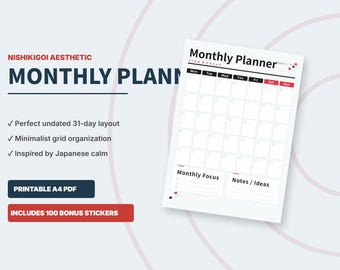 Japanese Koi Monthly Planner, Undated Minimalist Calendar, A4 Desk Organizer (Digital Download)