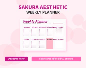 Sakura Weekly Planner, Pink Landscape (A4 PDF), Digital Schedule, Floral Insert