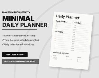 Minimalist Daily Planner, B&W Productivity Tracker, Time Blocking Schedule (A4 PDF)