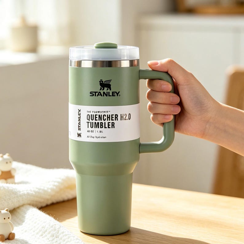 May include: A green Stanley Quencher H2.0 tumbler with a handle and a clear lid. The tumbler has the Stanley logo and the text "QUENCHER H2.0 TUMBLER" printed on it. It holds 40 oz (1.18L) and is designed for all-day hydration.