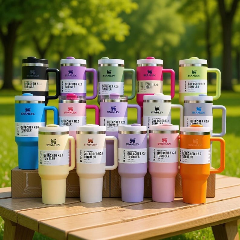 May include: A collection of Stanley Quencher H2.0 tumblers in various colors, including black, purple, green, pink, blue, yellow, and orange. Each tumbler has a handle and a lid. The tumblers are displayed on a wooden table with a green background.