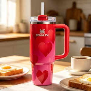 Könnte beinhalten: Ein roter und pinkfarbener Stanley-Becher mit Griff und Herzmuster. Der Becher hat einen transparenten Deckel, einen roten Strohhalm und das Stanley-Logo. Der Becher steht auf einem Tisch mit Toast und einer Tasse Kaffee.