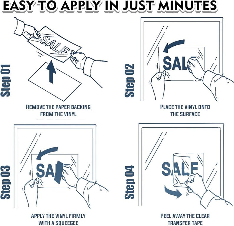 May include: A step-by-step guide on how to apply a vinyl decal. The image shows the process of removing the backing, placing the vinyl, applying it with a squeegee, and peeling away the transfer tape. The word "SALE" is visible.