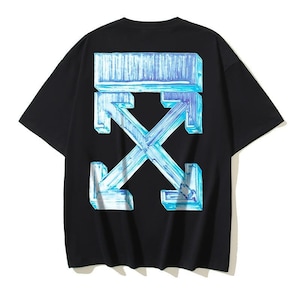 May include: Black t-shirt with a large, blue and white arrow design on the back. The graphic has a 3D effect with a textured, icy appearance. The shirt has short sleeves and a crew neck.