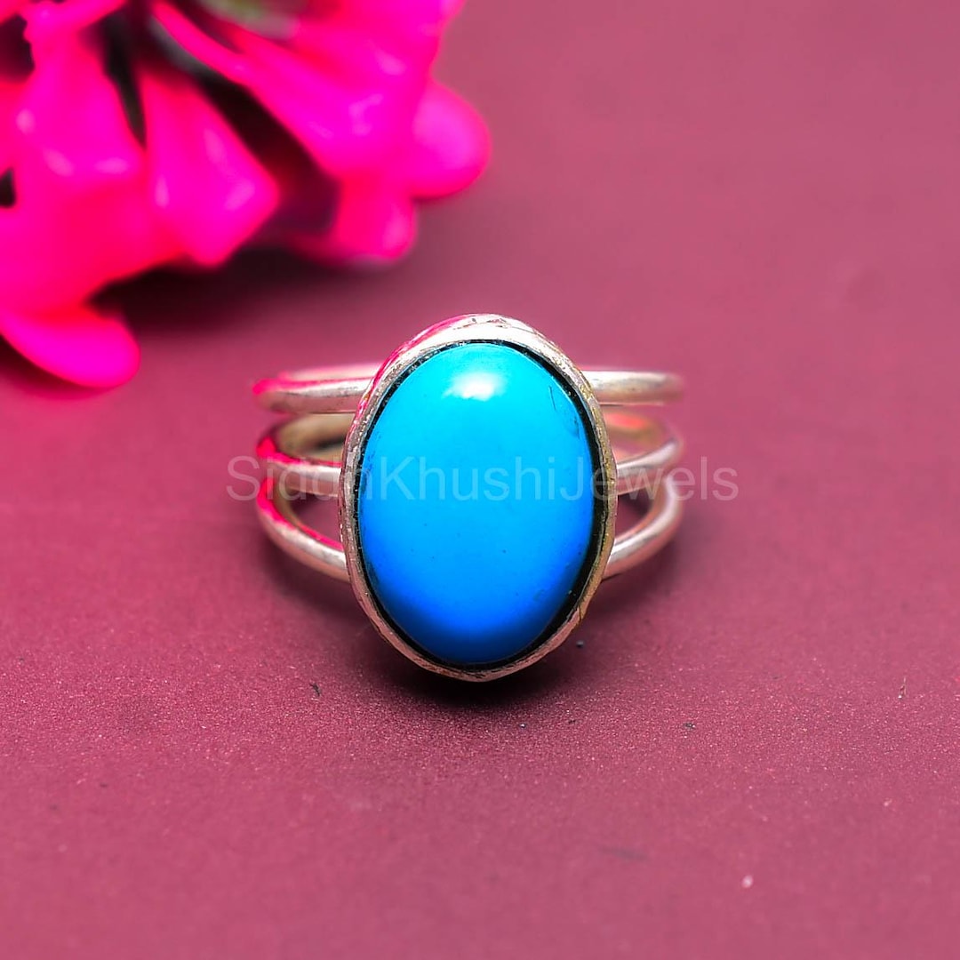 Natural Sleeping Beauty Turquoise Oval Ring, 925 Sterling Silver Split ...