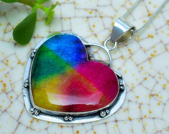 Rainbow Solar Quartz Heart Pendant, 925 Sterling Silver Beaded Border Necklace