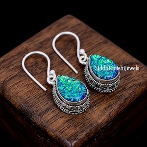 Australian Opal Teardrop Dangle Earrings, Sterling Silver, Vintage Boho Jewelry