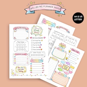 May include: A set of printable wellbeing planner pages featuring pastel-colored illustrations and hand-lettered text including Daily Affirmations, Mood Tracker, Self-Care Checklist, Water Tracker, Wind Down Checklist, Dream Big, and Future Goals.