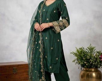 Salwar kameez verde pakistano con dupatta per donna, set kurta kurti pronto da indossare, abito etnico, vestito da sposa e da festa