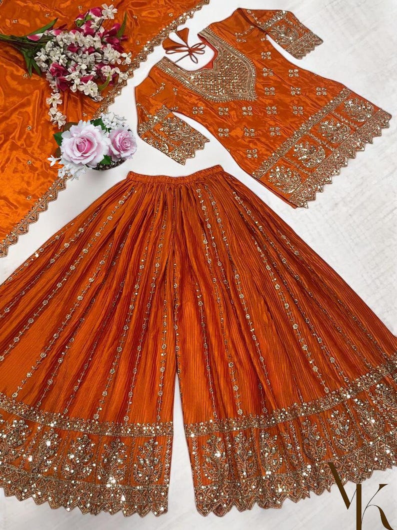 Pakistani Rani Pink Sharara Suit Set, Embroidered Chinnon Silk Kurta ...