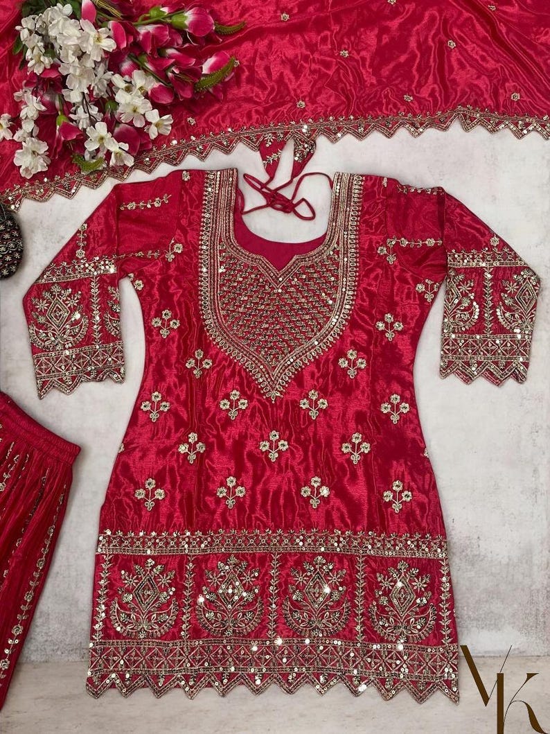 Pakistani Rani Pink Sharara Suit Set, Embroidered Chinnon Silk Kurta ...