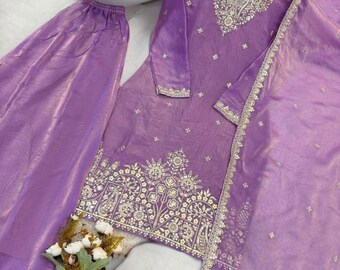 Traje Sharara morado de diseñador, Salwar Kameez con Dupatta, conjunto de 3 piezas listo para usar, vestido de boda punjabi Sharara para mujer, traje pakistaní elegante