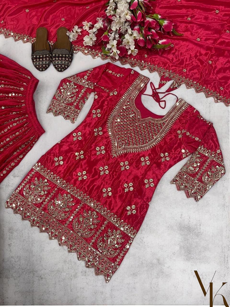 Pakistani Rani Pink Sharara Suit Set, Embroidered Chinnon Silk Kurta ...