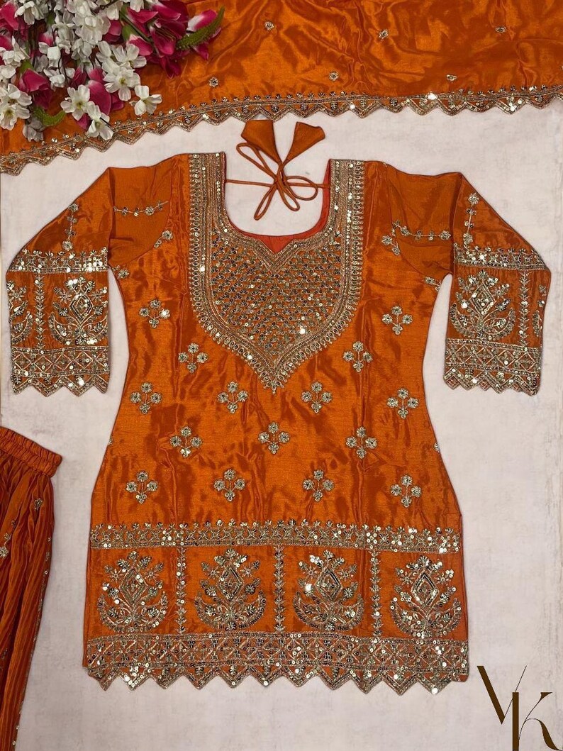 Pakistani Rani Pink Sharara Suit Set, Embroidered Chinnon Silk Kurta ...