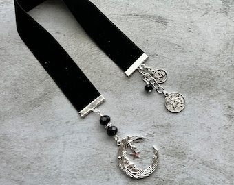 Black velvet bookmark with moon, zodiac sign charm and initial charm