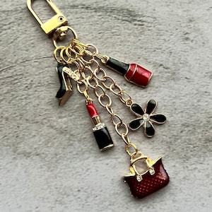 Purse Charm with Black And Red Charms, Makeup Charm