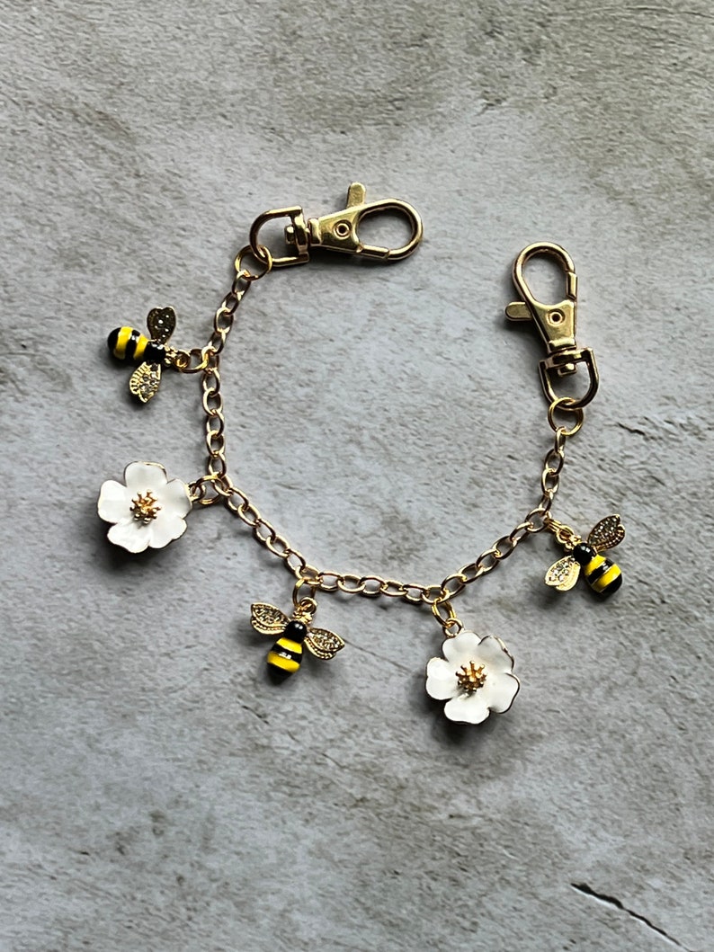 Purse charm on chain with flowers and bees image 2