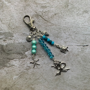 purse charm with beach charms, beach purse charm with mermaid, beaded purse charm with nautical charms,mermaid purse charm
