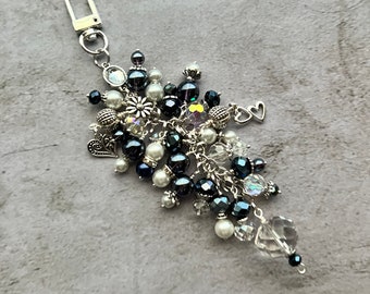 Chunky beaded purse charm navy blue and white faux pearls