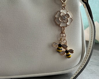 Purse charm white flower dangle