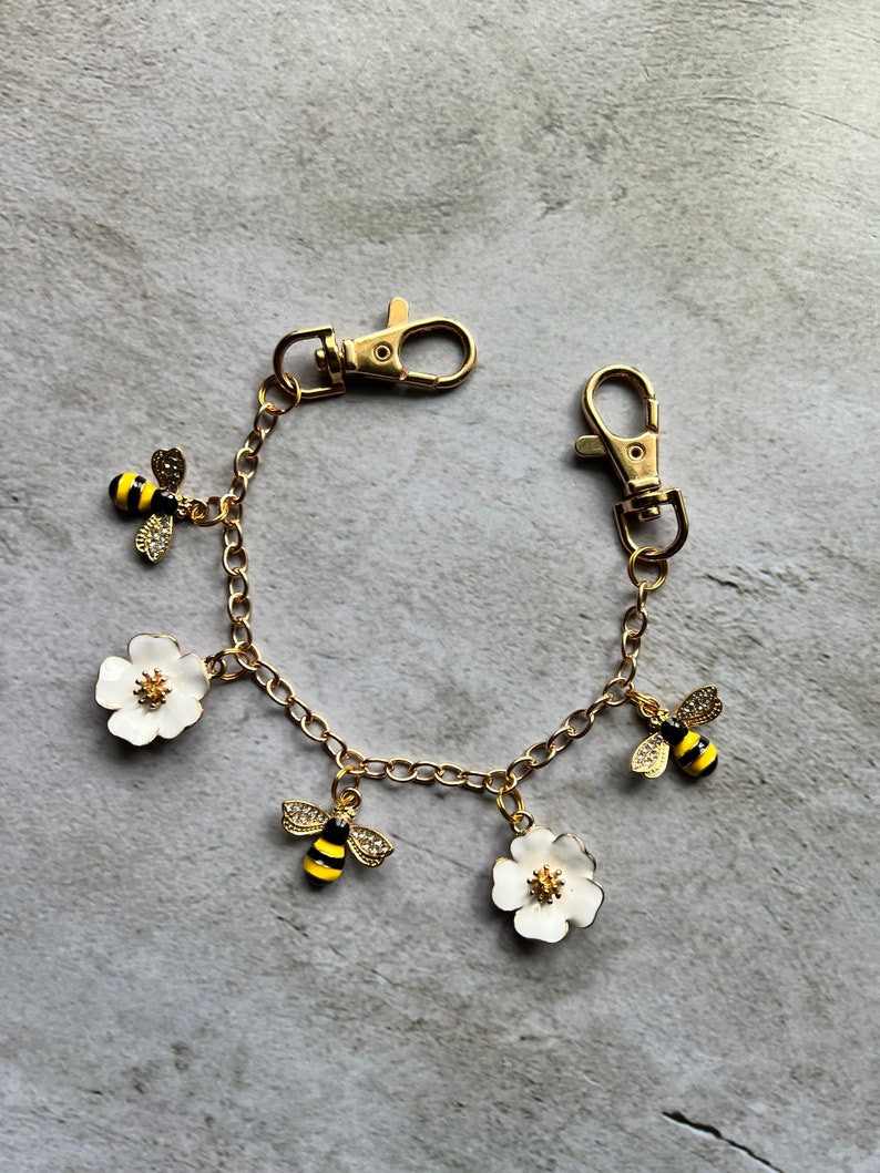 Purse charm on chain with flowers and bees image 4