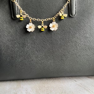 Purse charm on chain with flowers and bees image 3