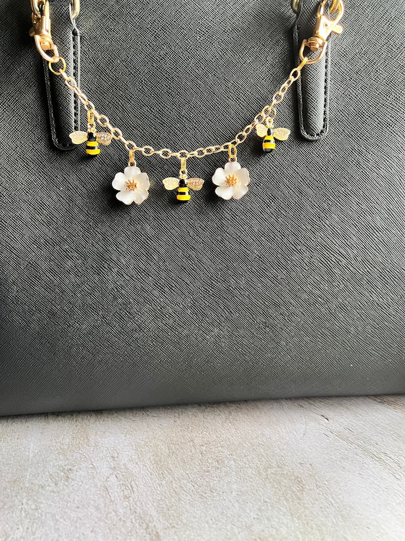 Purse charm on chain with flowers and bees image 3