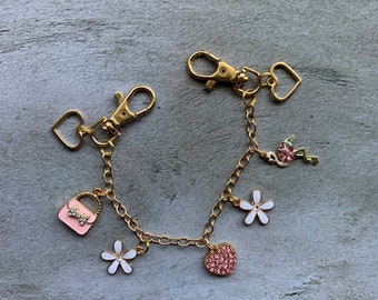 Flower Purse charm with pink flamingo and heart charms