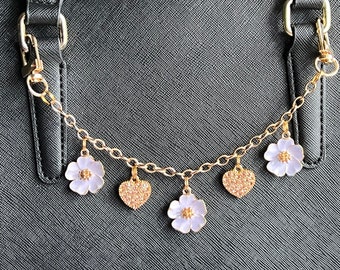 Fashion accessories on chain for handbags purple flowers & gold hearts