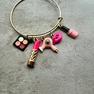 Charm bracelet with pink fashion charms adjustable,  Makeup Charms