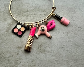 Charm bracelet with pink fashion charms adjustable,  Makeup Charms