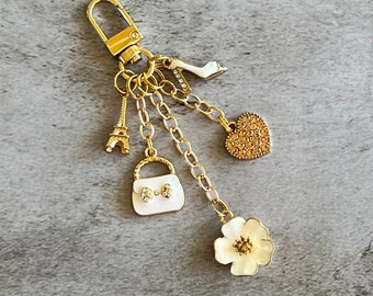 Handbag charm with white and gold charms handmade