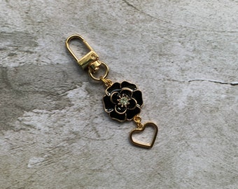 Black flower with heart charm, gift for mom