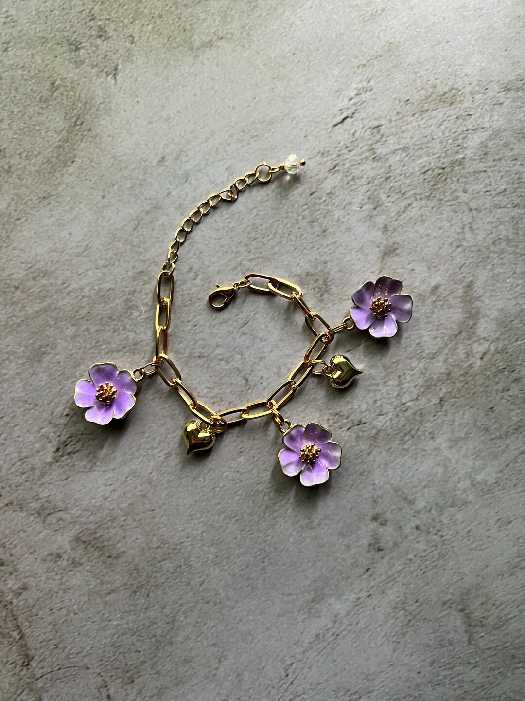 Paperclip Chain Purple Flower Charm Bracelet Etsy