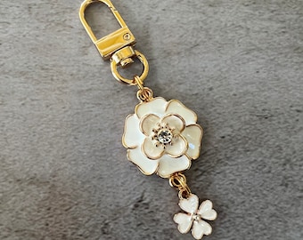 Purse charm white flower dangle