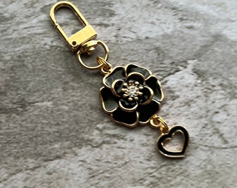 Black flower with heart charm, gift for mom