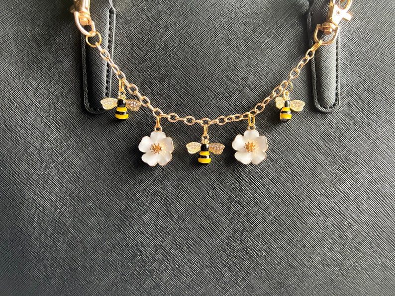 Purse charm on chain with flowers and bees image 1