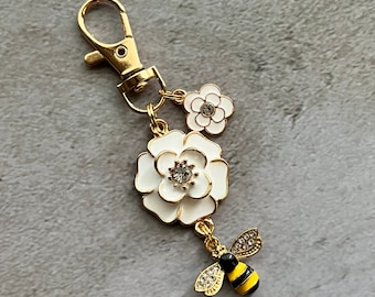 Purse charm white flower dangle
