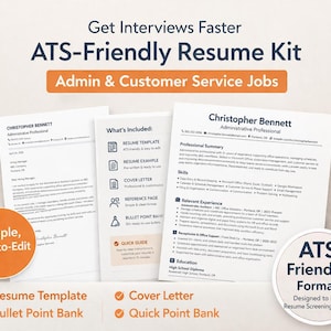 Op de afbeelding: Een ATS-vriendelijke cv-kit met de tekst "Get Interviews Faster" en "Admin & Customer Service Jobs". De kit bevat een cv-sjabloon, een sollicitatiebrief en een opsommingstekenbank. Het ontwerp is eenvoudig en gemakkelijk te bewerken.