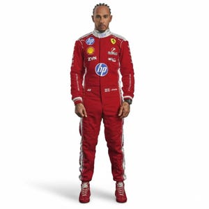 May include: A red racing suit with white and grey detailing. The suit displays sponsor logos such as "hp", "IBM", and "Shell". The number "44" is visible on the chest and leg. The suit is worn with matching red trainers.