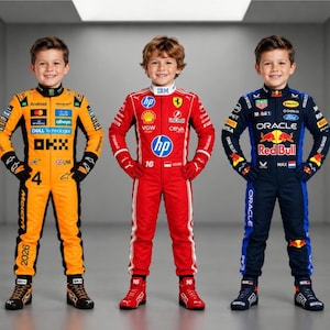 May include: Three racing suits in orange, red, and dark blue, each featuring various sponsor logos and branding. The orange suit displays McLaren and OKX, the red suit features Ferrari and HP, and the dark blue suit shows Oracle and Red Bull.
