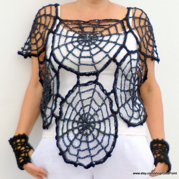 Spider Web Plus Size  Clothing Black Spiderweb Lace Sweater Crochet Vest One Size Women's Goth Grunge Clothes