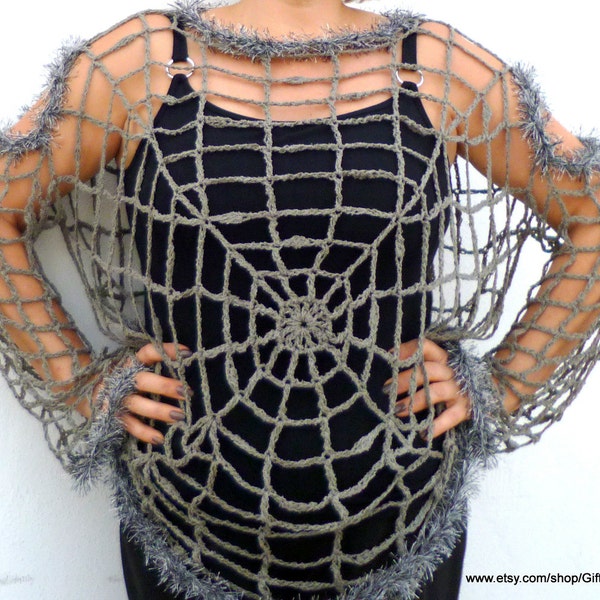 Spider Web Blouse, Halloween Spider web Costume Plus Size  Goth, Punk, Grunge, Hippie Clothing,  Grey Cobweb Crochet Sweater, Mesh Pullover