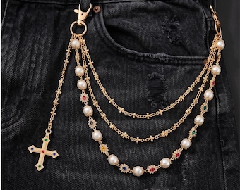 Pearl & Cross Pants Chain, Hip Hop Double Layer Waist Link, Gold Silver Y2K Eboy Trousers Accessory, Gothic Pearl Wallet Chain, Gift for Him